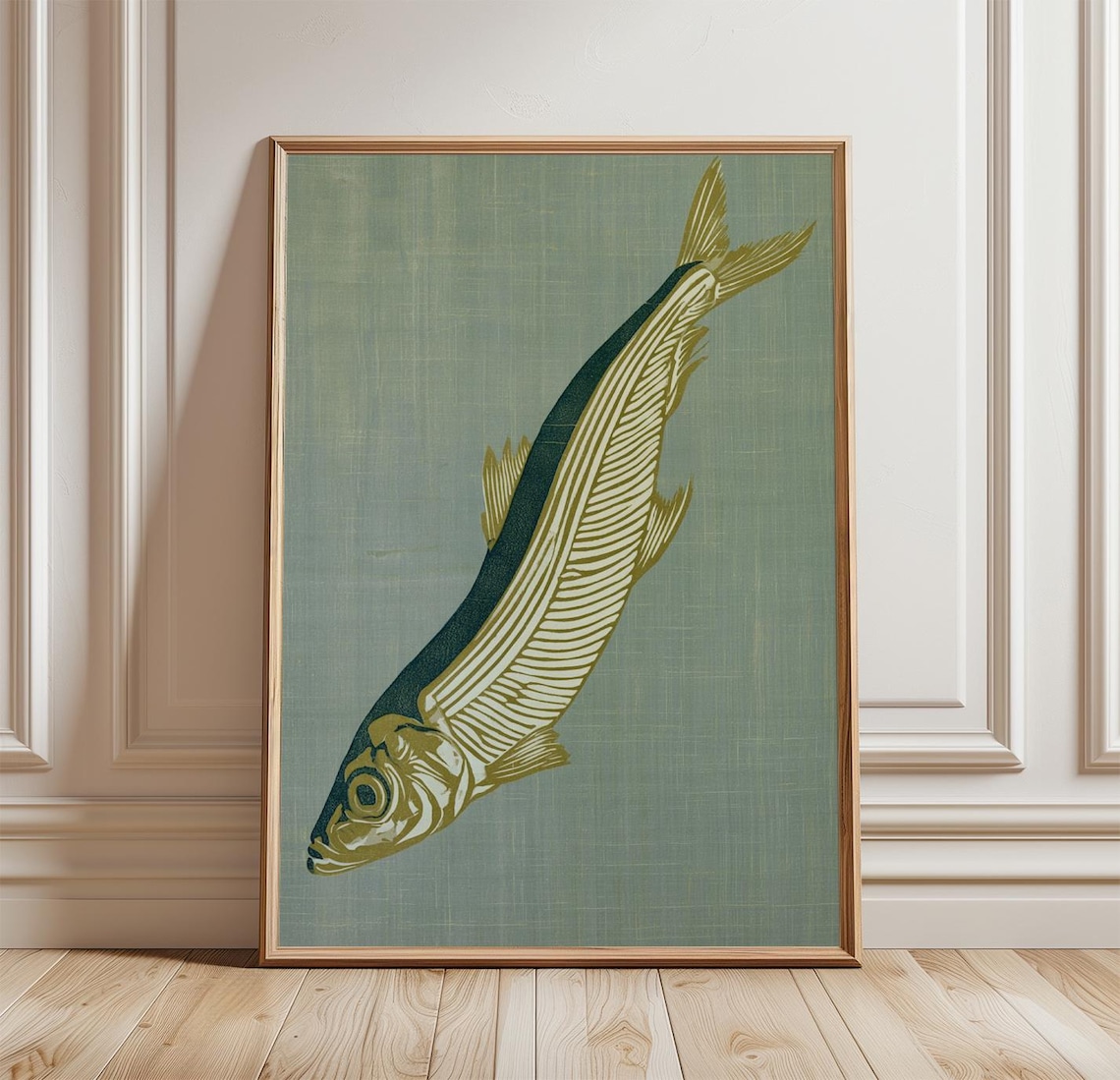 Anchovy Fish Poster, Gold Linocut Coastal Art
