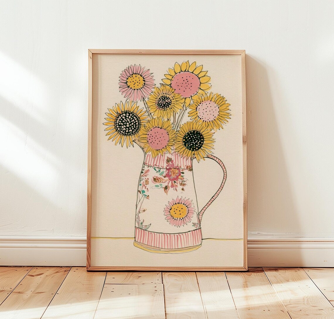 Sunflower Bouquet Vintage Floral Pitcher Poster