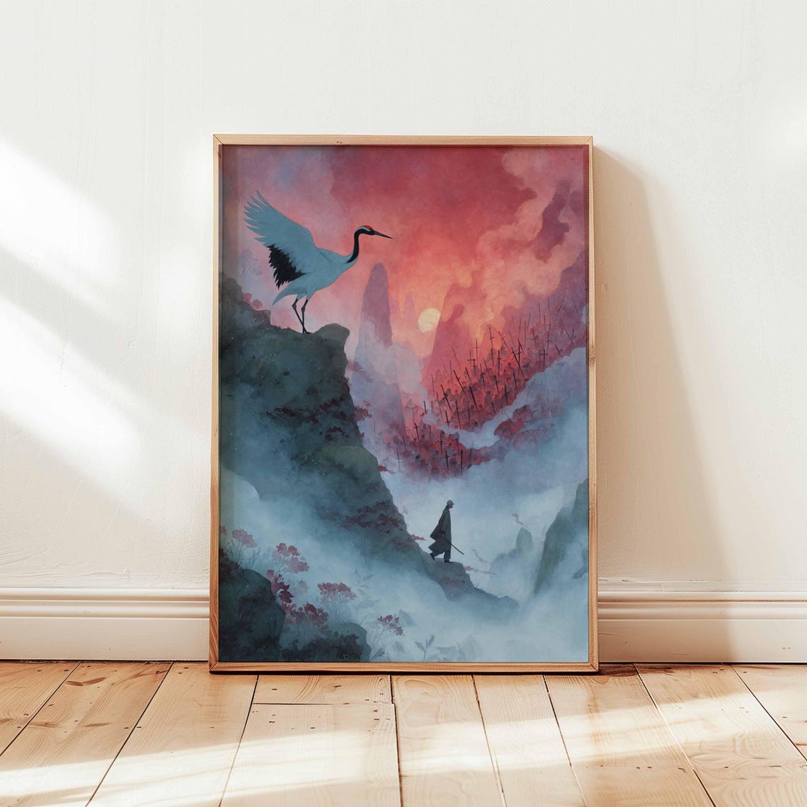 Samurai Crane Fantasy Mountain Sunset Misty Warrior Scene Poster