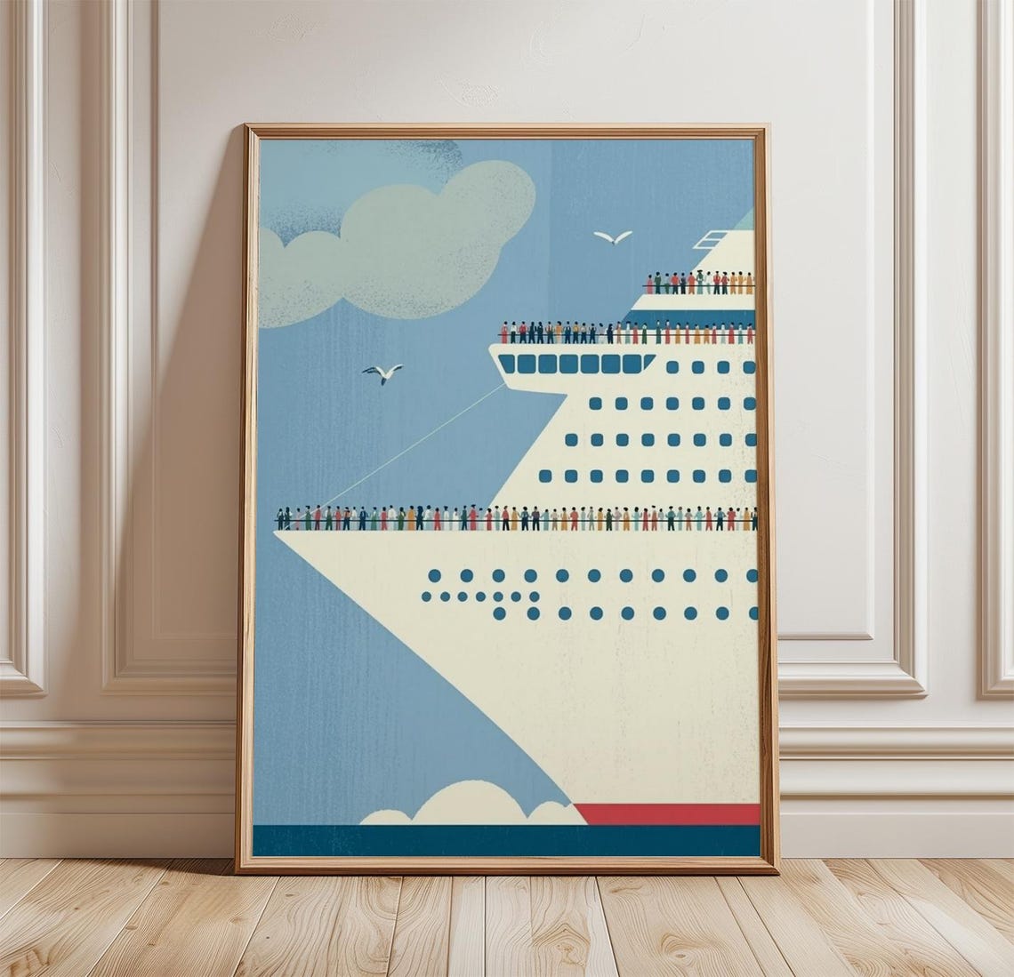 Minimalist Cruise Ship Illustration Blue Ocean Nautical Wall Art