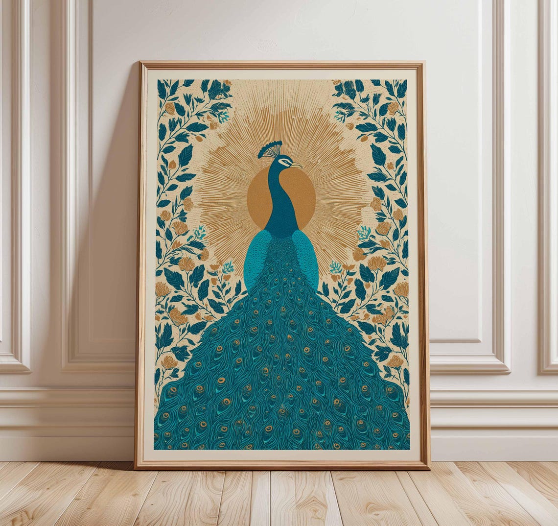 Elegant Teal and Gold Peacock with Sunburst Botanical Poster