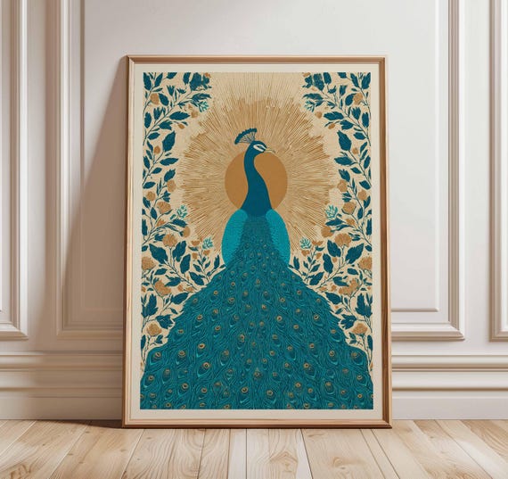 Peacock Wall Art Poster Elegant Bird Artwork Print Botanical Floral Illustration Bohemian Home Decor Nature Inspired
