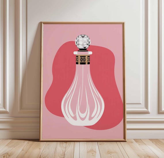 Perfume Bottle Poster Elegant Pop Art Print Pink Bathroom Wall Glam Vanity Decor Fashionable Beauty Room Illustration