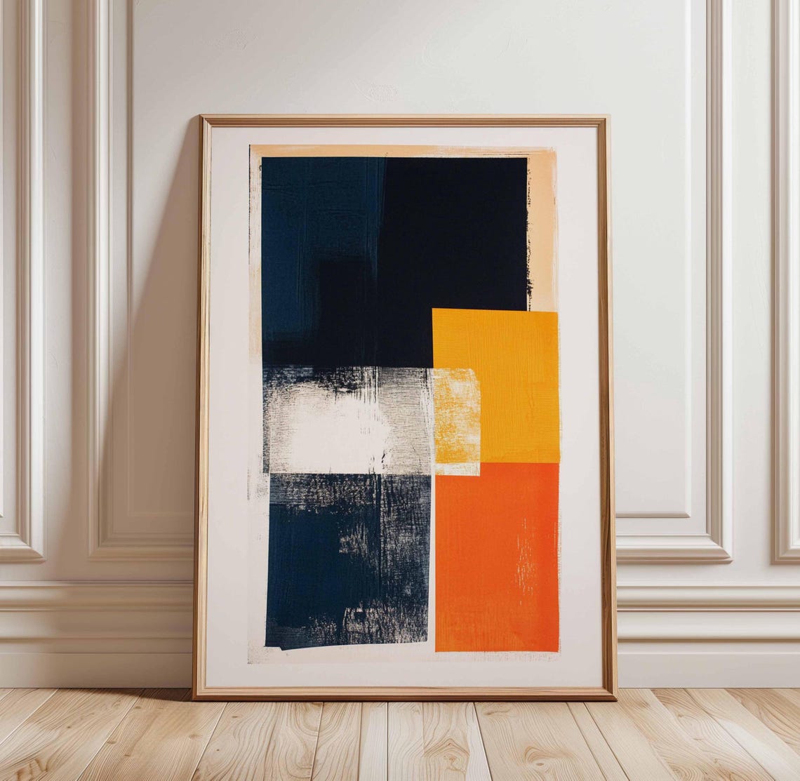 Abstract Navy Blue Orange Color Block Modern Geometric Art Poster