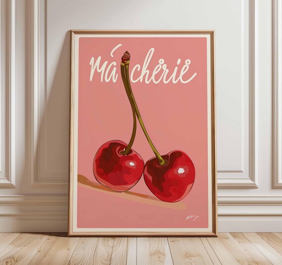 Ma Cherie Pink French Cherries Cute Love Fruit Kitchen Decor Poster