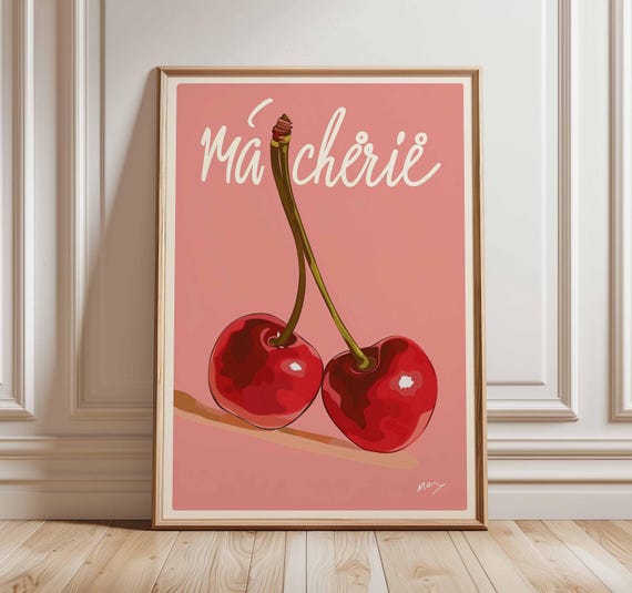 Ma Chrie Cherry Poster French Kitchen Wall Art Print Pink Fruit Illustration Decor Cute Love Artwork Unframed Modern