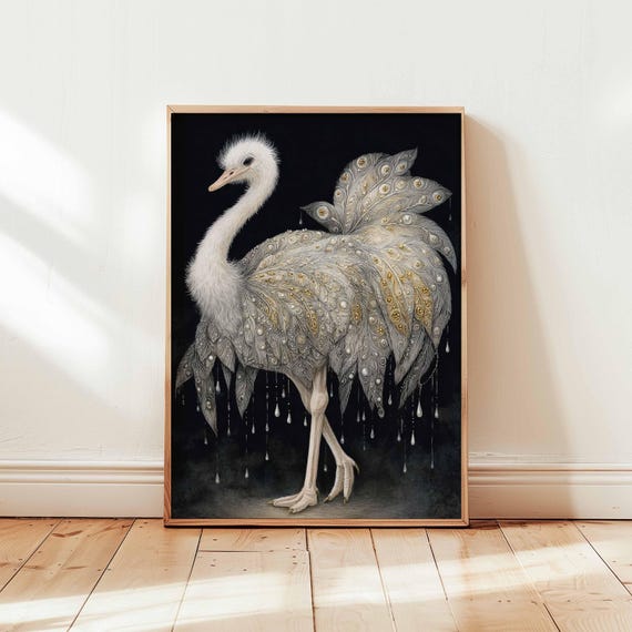 Fantasy White Bird Wall Art Print Surreal Peacock Ostrich Poster Design Dark Elegant Unframed Decor Mystical Animal Illustration