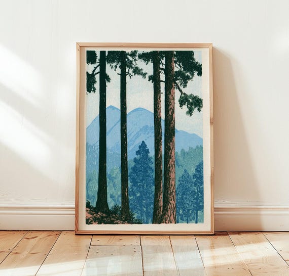 Pine Forest Mountain Print Vintage Woodblock Nature Artwork Blue Landscape Wall Decor