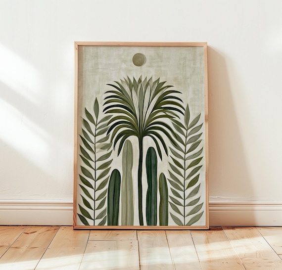 Green Palm Botanical Linocut Minimalist Plant Sun Wall Poster