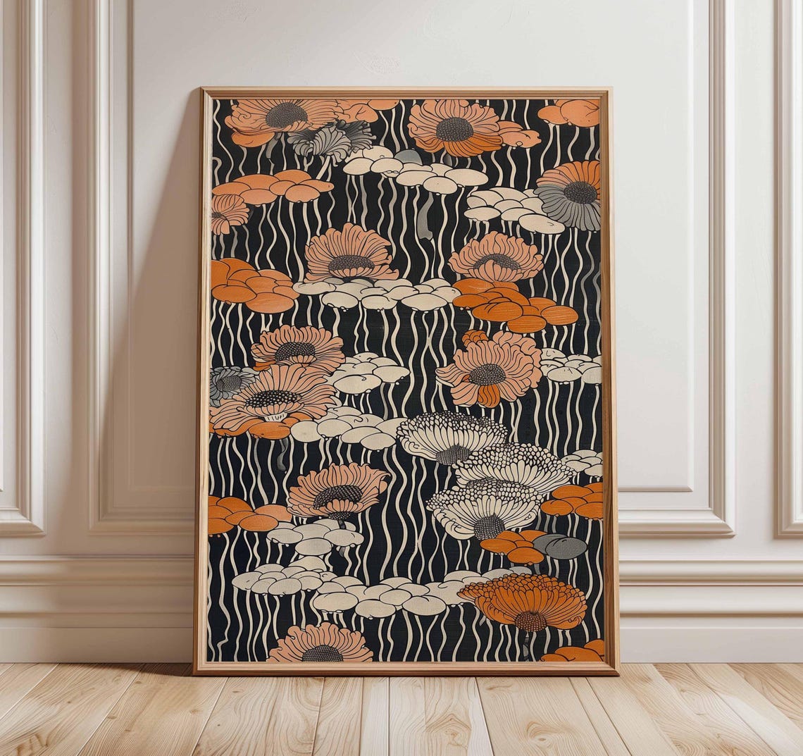 Orange Cream Daisies And Lily Pads Retro Floral Black Poster