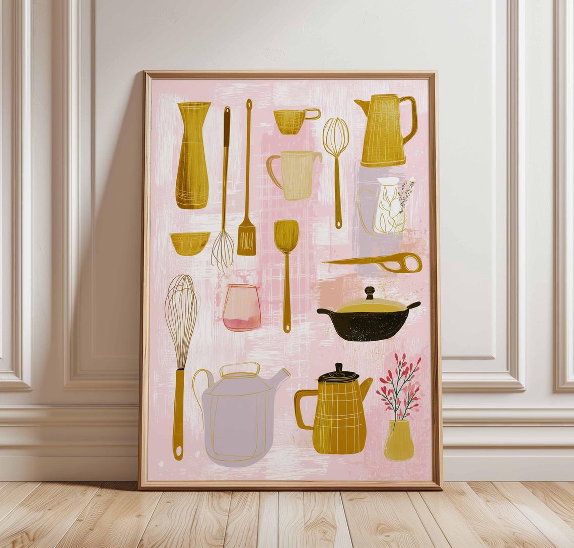 Mid Century Kitchen Utensils Gold On Pink Retro Illustration Poster