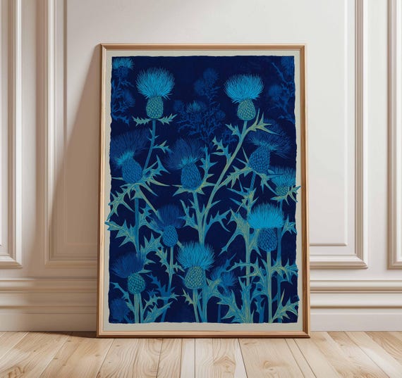 Scottish Thistle Wall Art Linocut Style Print Blue Botanical Poster Floral Nature Decor Scotland National Flower Elegant
