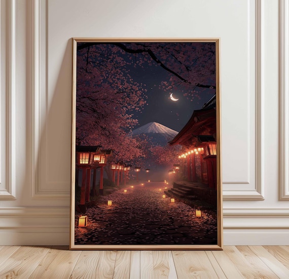 Mt Fuji Night Print Japanese Lantern Path Poster Cherry Blossom Sakura Wall Art Japan Temple Scene Tranquil Zen Landscape Decor