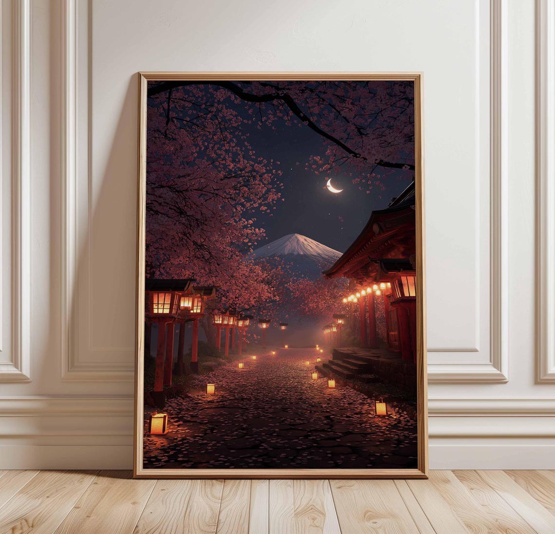 Mount Fuji Night Lantern Path Cherry Blossom Moon Japanese Poster