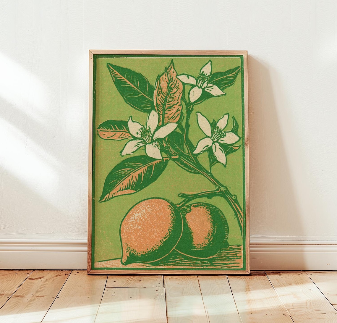 Lemon Botanical Art Print, Green Woodcut