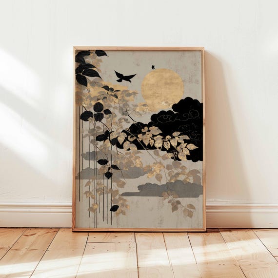 Japanese Moon Botanical Poster, Minimalist Zen Decor