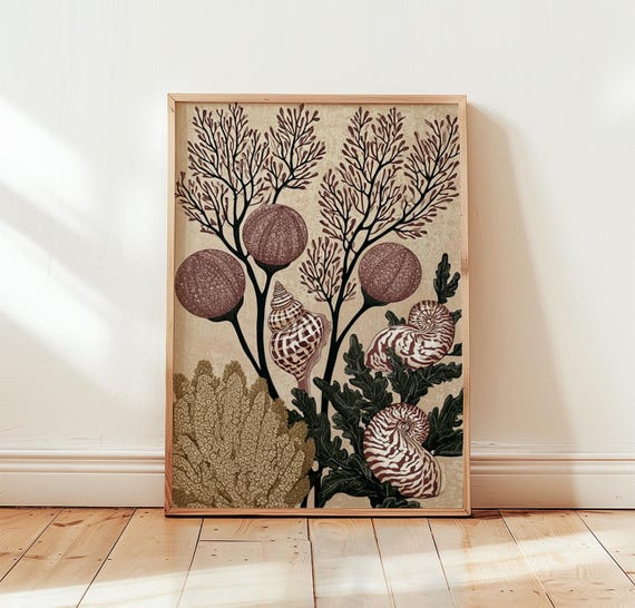 Vintage Coastal Print Seashell Botanical Wall Art Ocean Poster