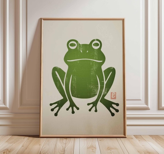 Green Frog Poster Japanese Woodblock Style Minimal Cute Animal Art