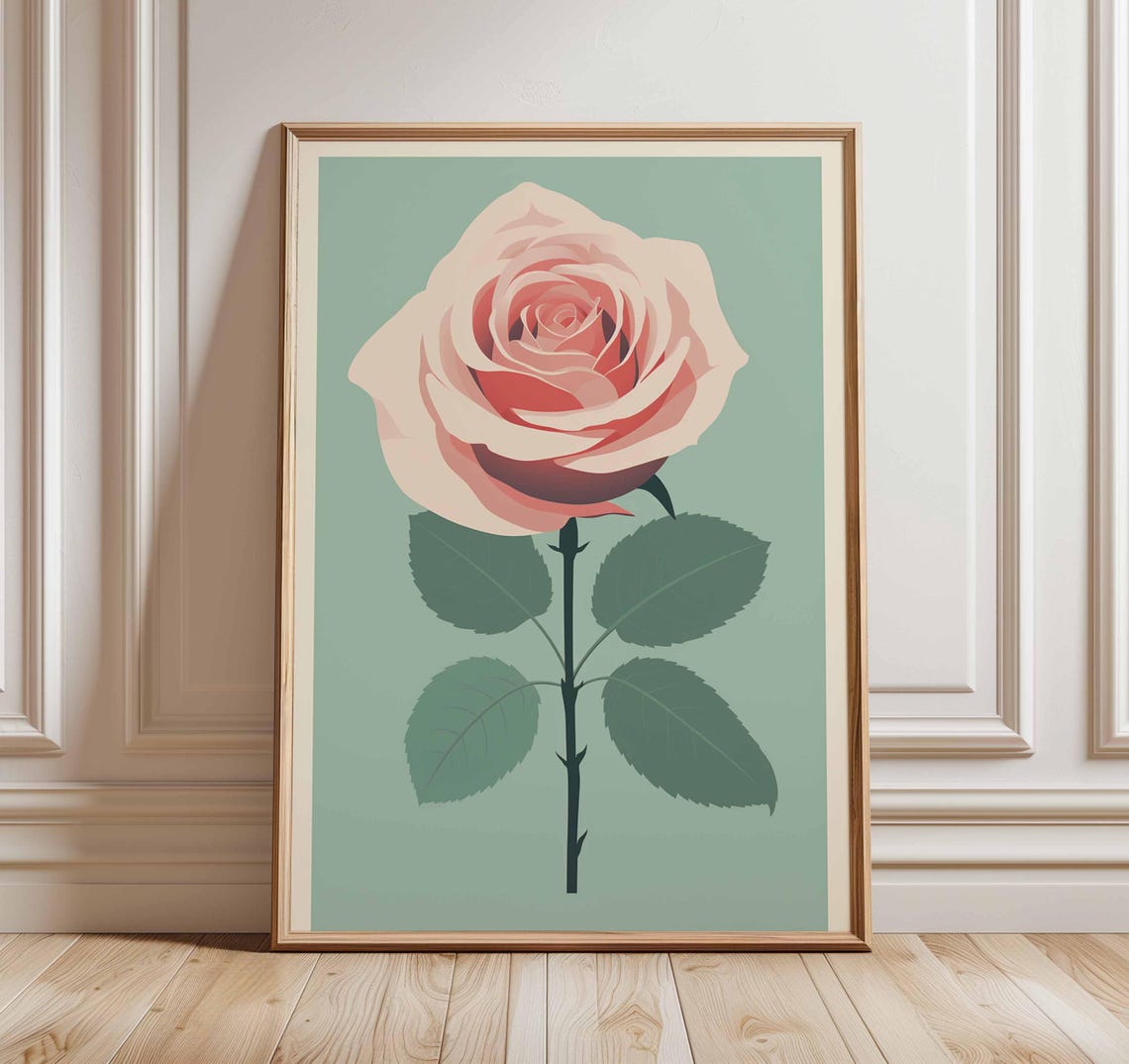 Pink Rose On Sage Green Minimalist Botanical Floral Wall Art