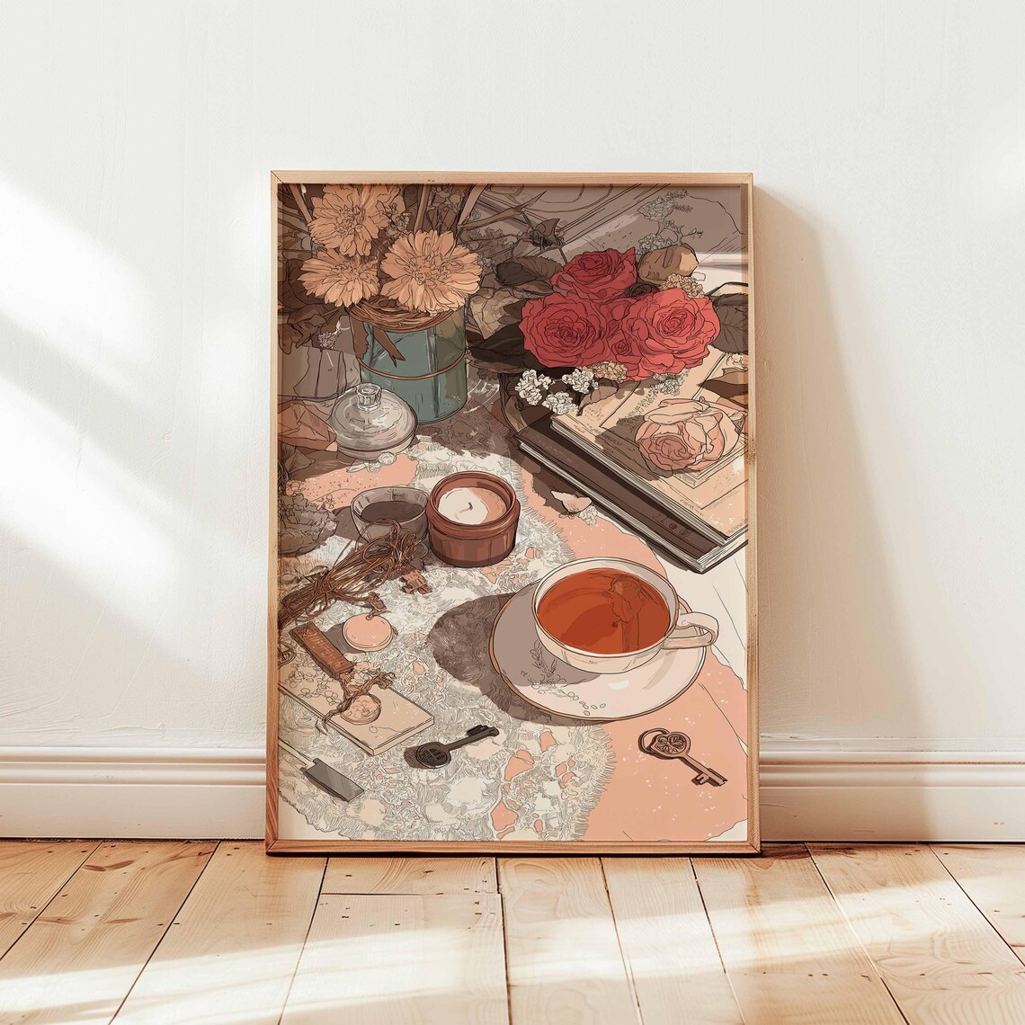 Romantic Tea Table Floral Still Life Roses Books and Tea Poster