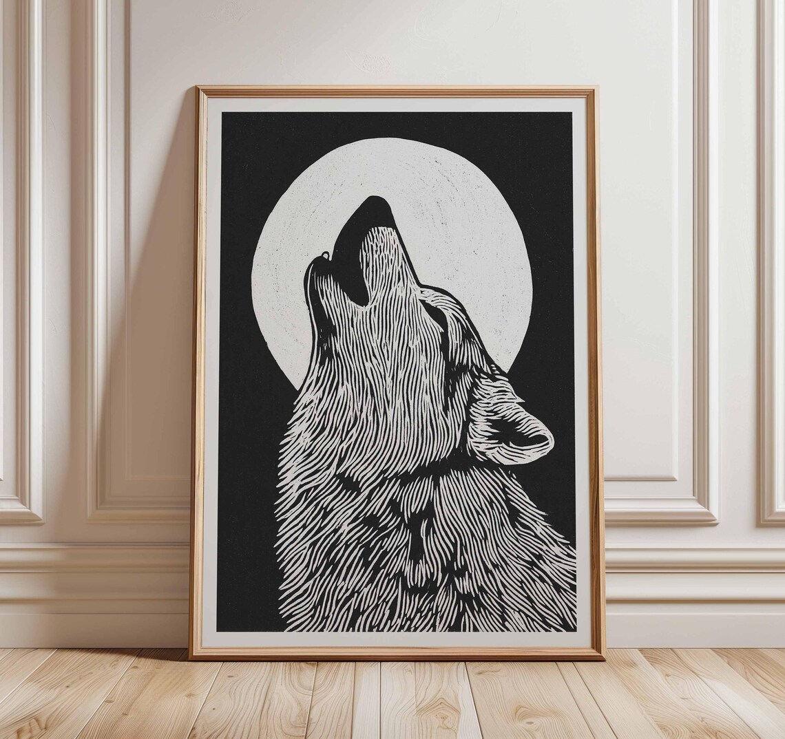 Howling Wolf At Full Moon Black And White Linocut Art Poster