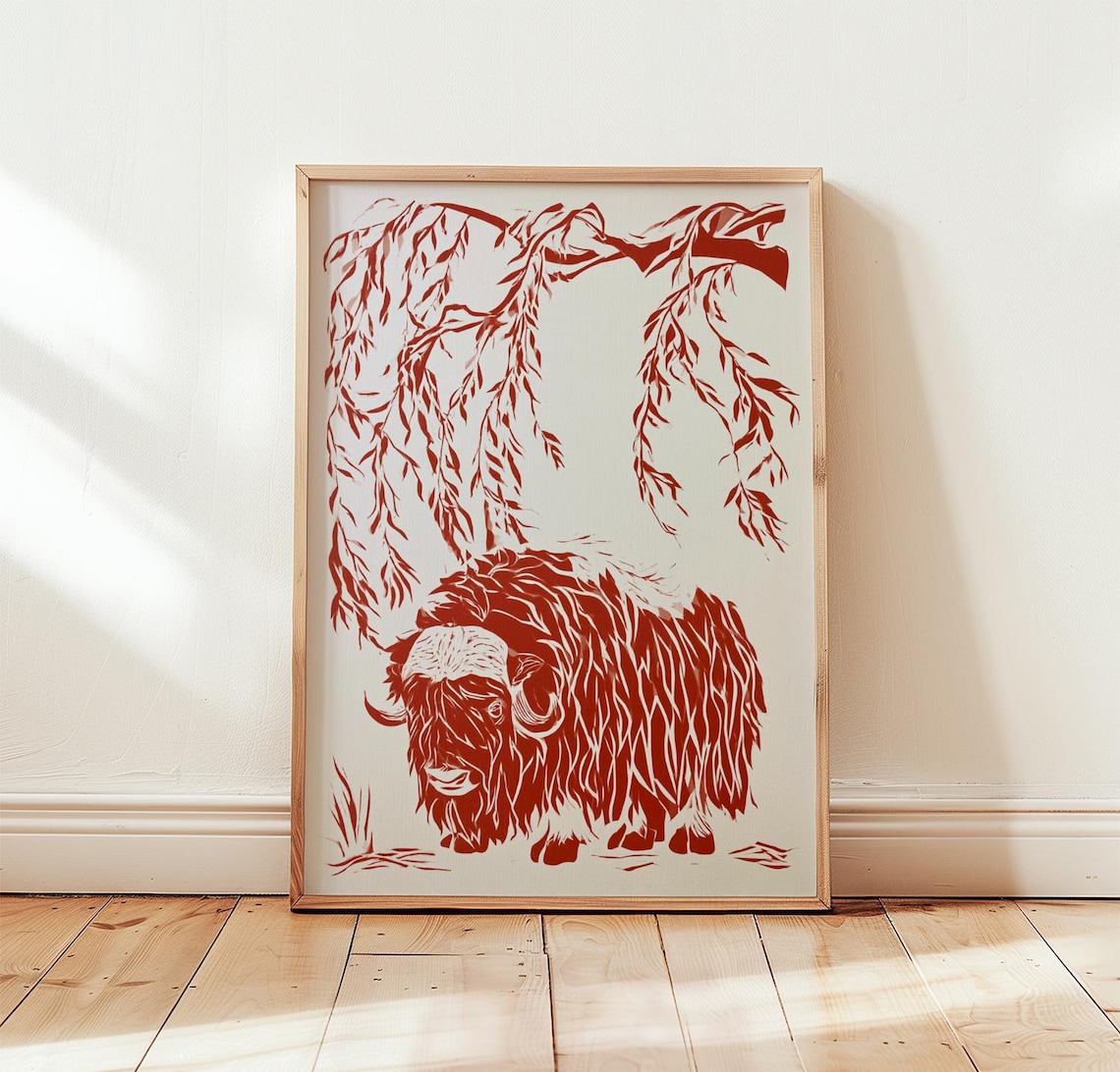 Musk Ox Woodblock Poster, Neutral Wildlife Art