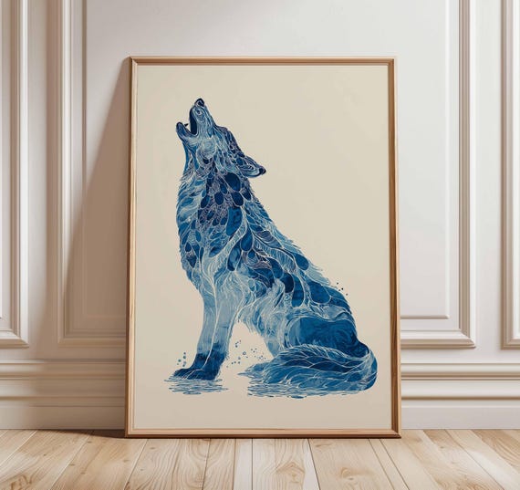 Blue Wolf Poster, Abstract Animal Art Print