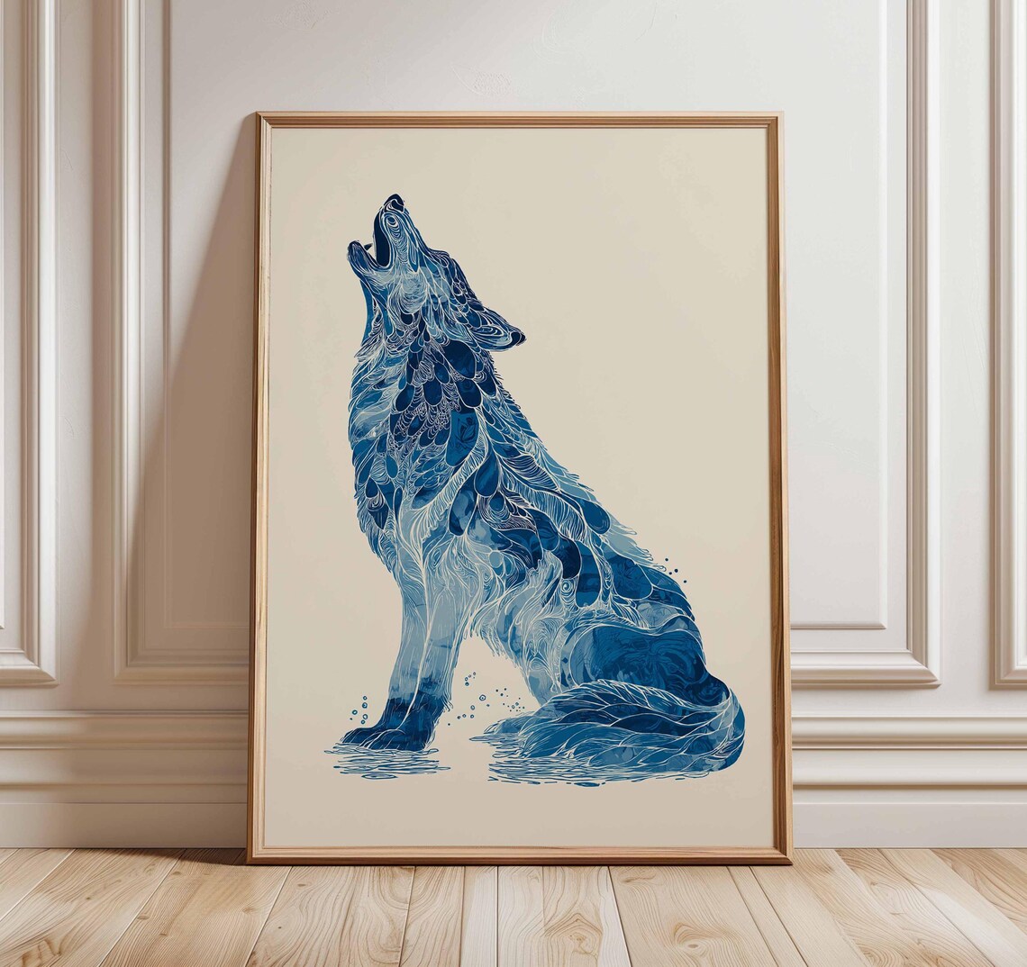 Blue Wolf Poster, Abstract Animal Art Print