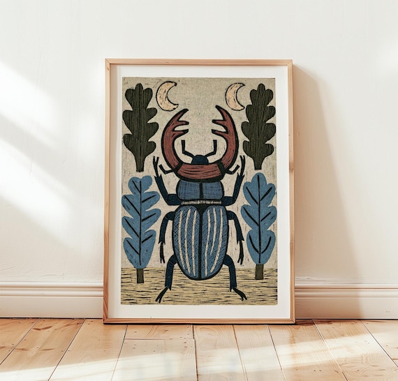 Stag Beetle Poster Vintage Insect Wall Art Folk Nature Print