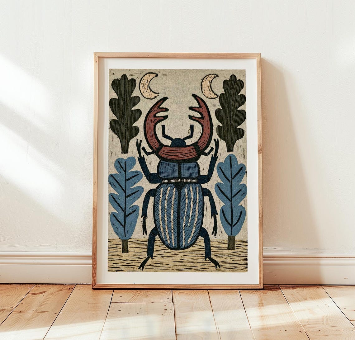 Stag Beetle Folk Woodcut Style Vintage Insect Nature Art Poster