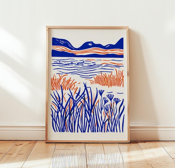 Blue Mountain Landscape Print Linocut Nature Wall Art Abstract Scenery Decor