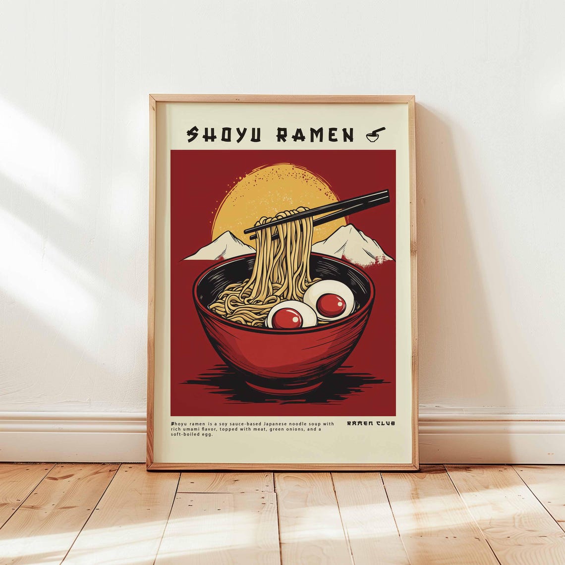 Shoyu Ramen Retro Rising Sun Mountains Red Bowl Eggs Ramen Club Poster