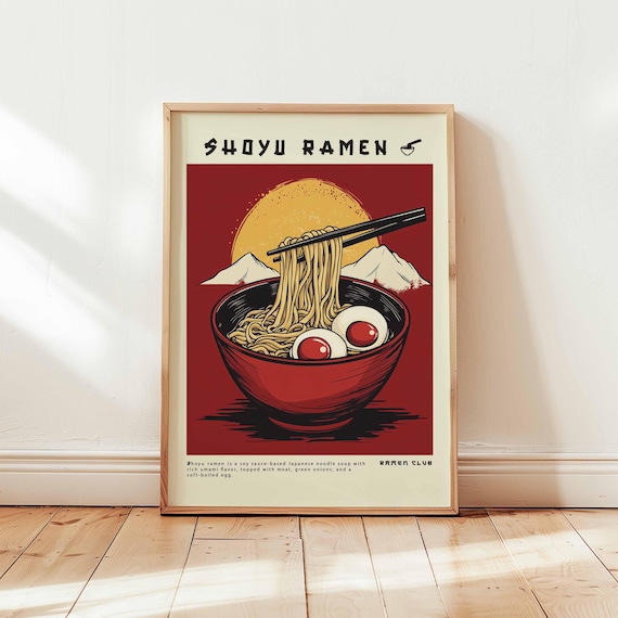 Shoyu Ramen Retro Rising Sun Mountains Red Bowl Eggs Ramen Club Poster