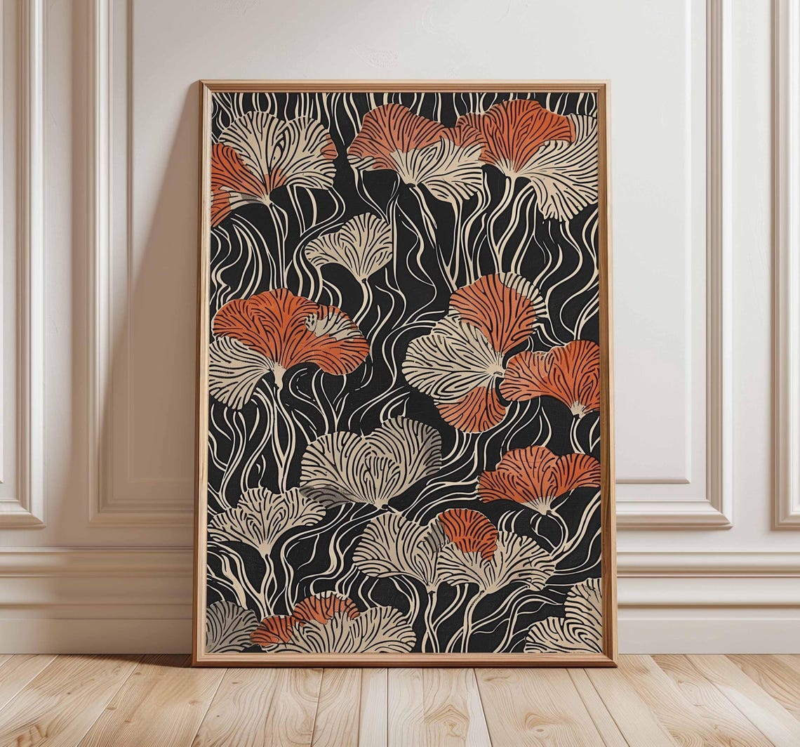 Orange Cream Ginkgo Leaves Nouveau Botanical Style Black Poster