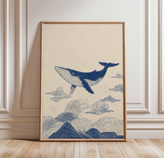 Flying Whale Wall Art Dreamy Ocean Poster Minimalist Blue Print Surreal Illustration Line Sea Decor