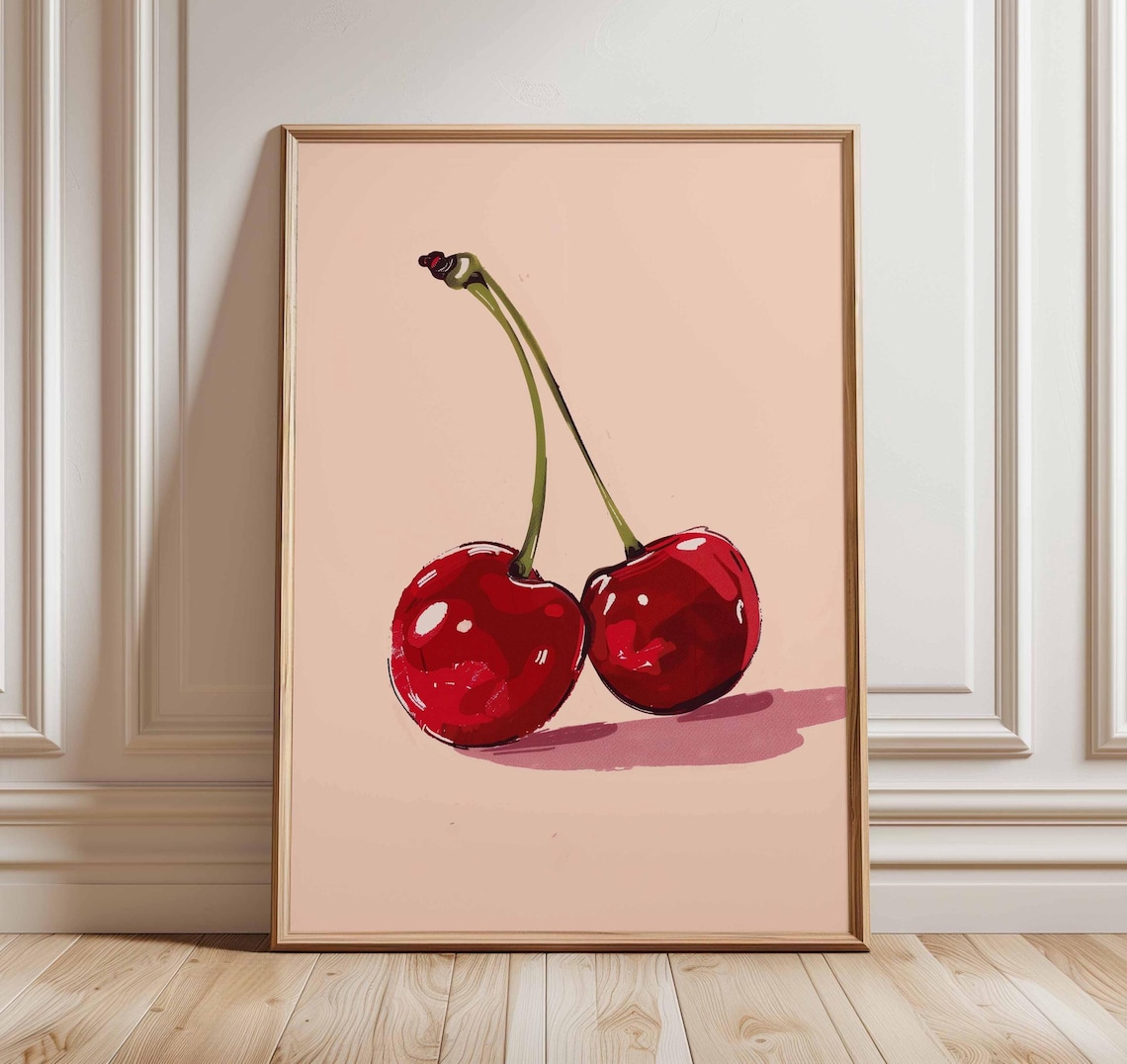Glossy Red Cherries Minimalist Fruit Illustration Modern Kitchen Art Poster