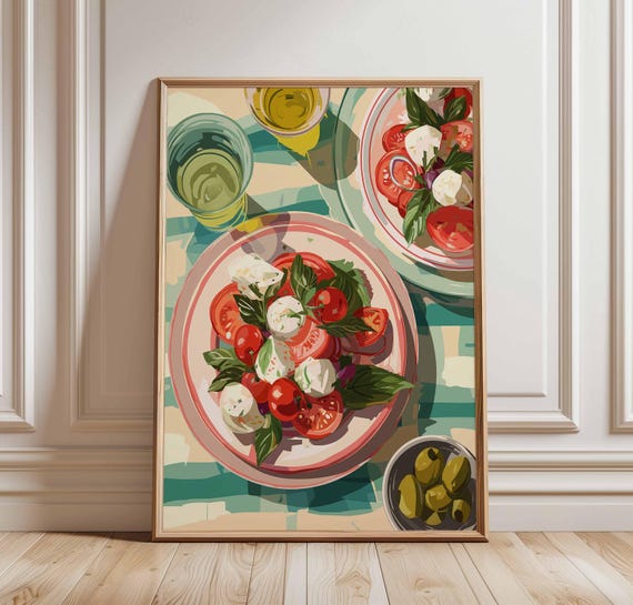 Caprese Salad Poster Print Italian Kitchen Wall Art Food Illustration With Tomatoes Mozzarella Basil Mediterranean Dining Decor