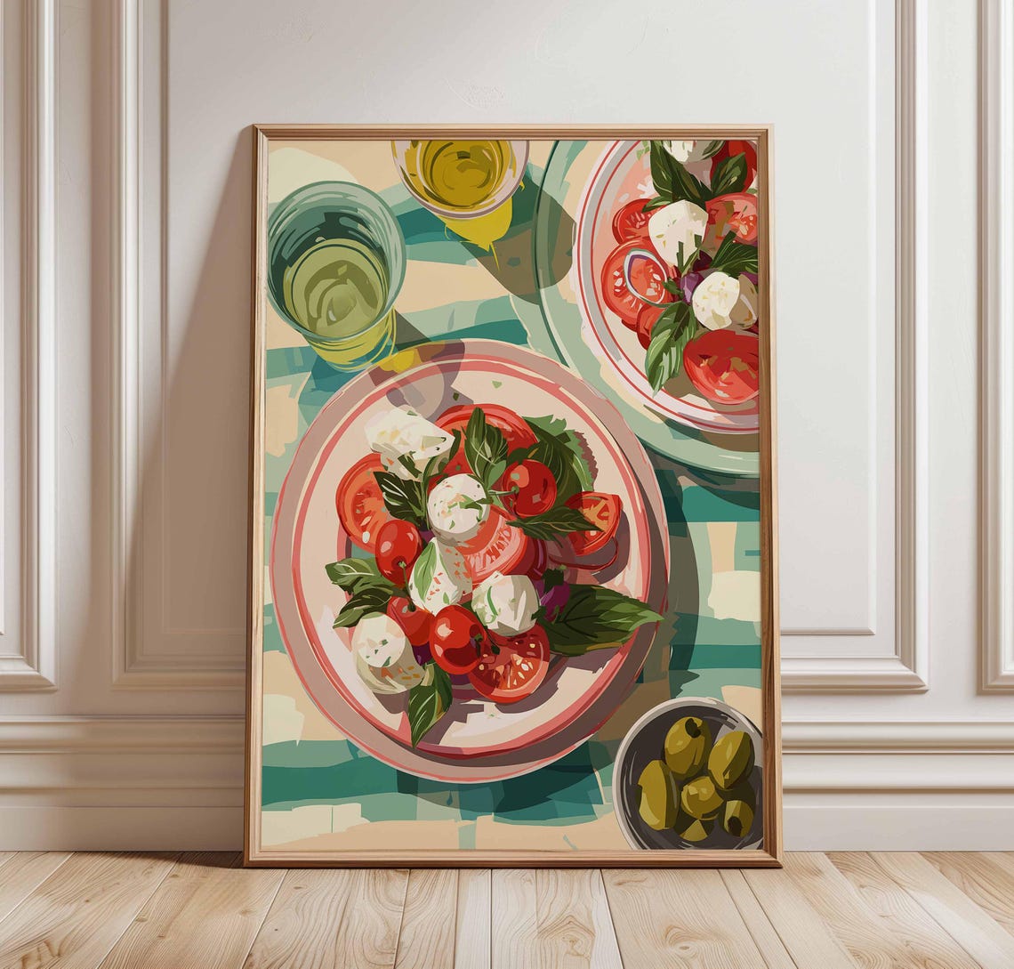 Caprese Salad Poster Print Italian Kitchen Wall Art Food Illustration With Tomatoes Mozzarella Basil Mediterranean Dining Decor