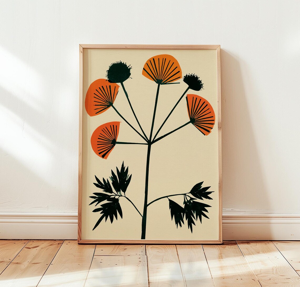 Orange Cow Parsley, Green Botanical Linocut Art Print