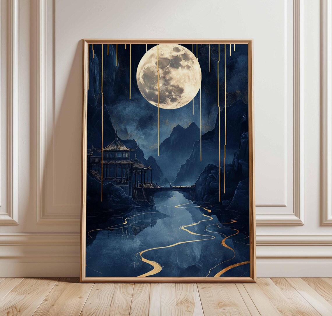 Golden Moonlit Pagoda Poster Asian Mountain Lake Tranquil Art
