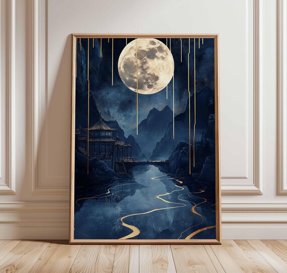 Golden Moonlit Pagoda Poster Asian Mountain Lake Tranquil Art