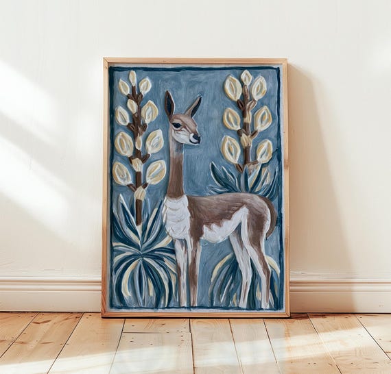 Blue Vicua Print Botanical Wildlife Wall Art Woodblock Poster