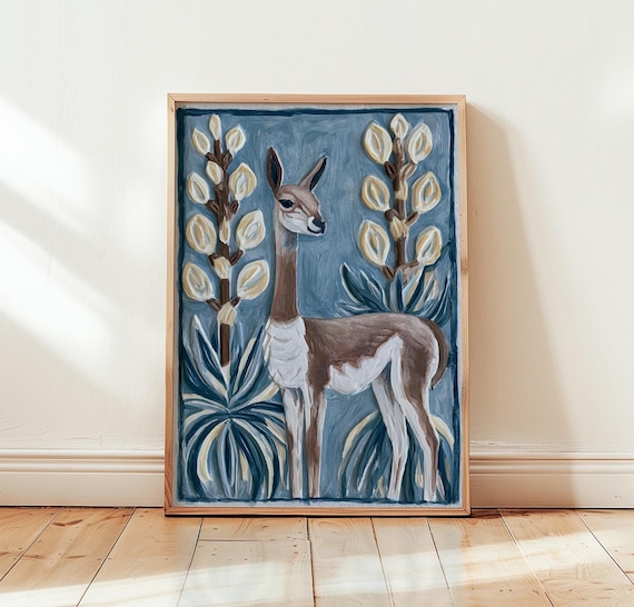 Vicuna Portrait Tall Agave Stalks Blue Naive Style Animal Poster