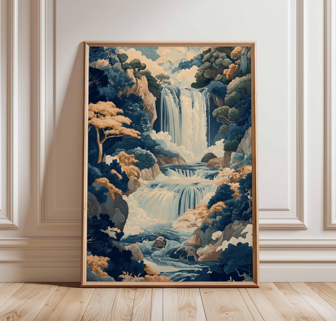 Waterfall Japanese Style Woodblock Forest Landscape Art Poster
