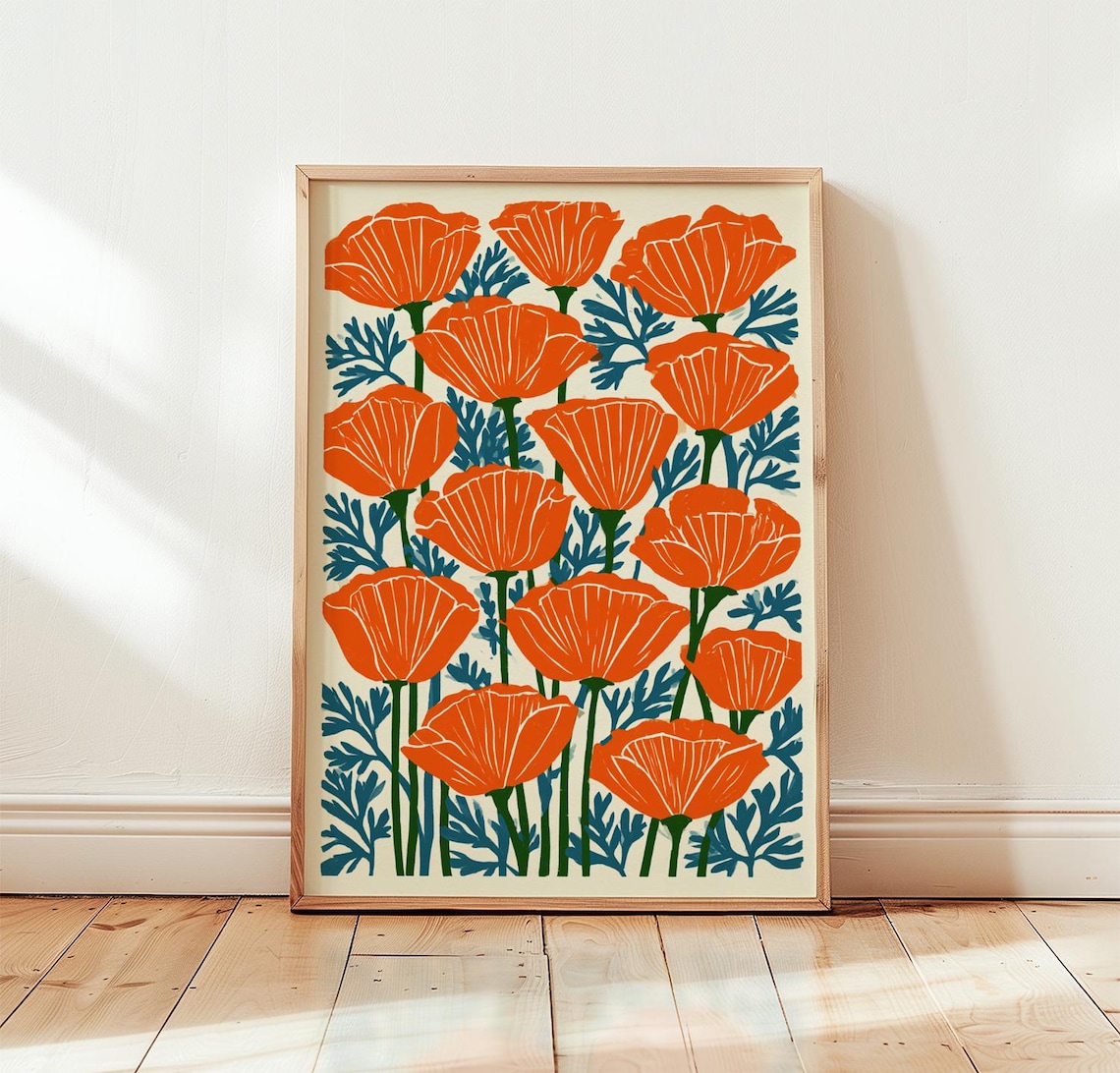 Orange Poppy Flower Poster, Botanical Folk Floral