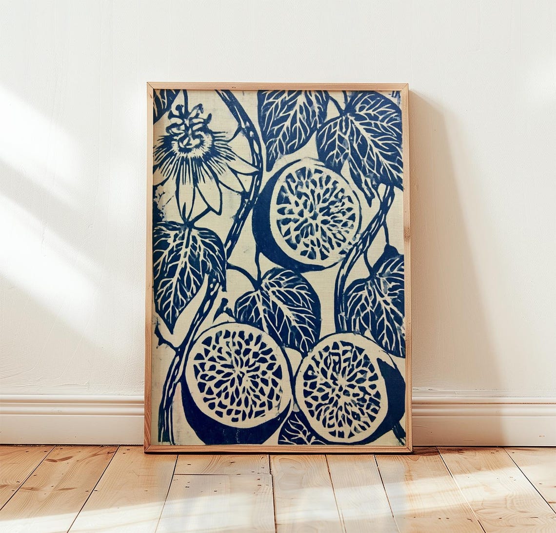 Indigo Passionflower and Fruit Batik Style Botanical Art Print