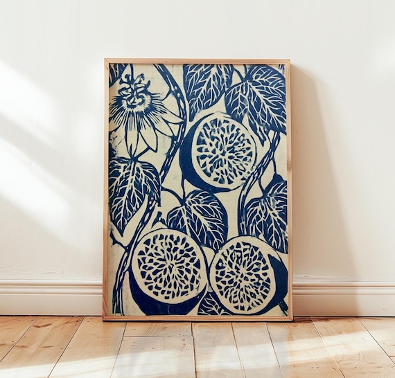 Indigo Passionflower and Fruit Batik Style Botanical Art Print