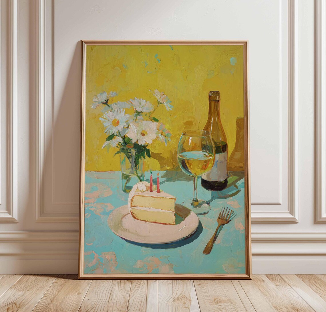 Birthday Cake And Wine Still Life Colorful Oil Painting Poster