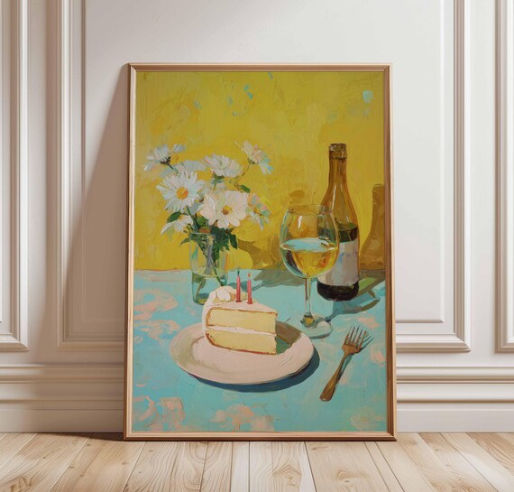 Birthday Cake And Wine Still Life Colorful Oil Painting Poster
