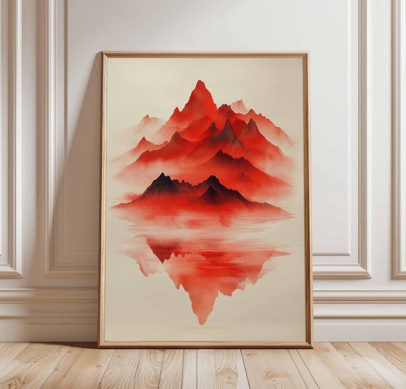 Red Mountain Landscape Poster Watercolor Art Vibrant Nature Print Abstract Peaks Scenic Wall Decor Reflection